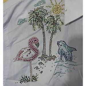 Las Olas Purple Tropical Sequin Button Front Shirt Top Sz Medium  Dolphin Palm